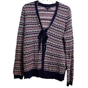 Lands' End Women's Fair Isle Nordic Tie Front Cardigan Sweater Purple M 10-12